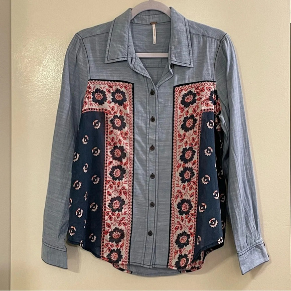 FREE PEOPLE Chambray Bandana Inset Blouse - Picture 3 of 7